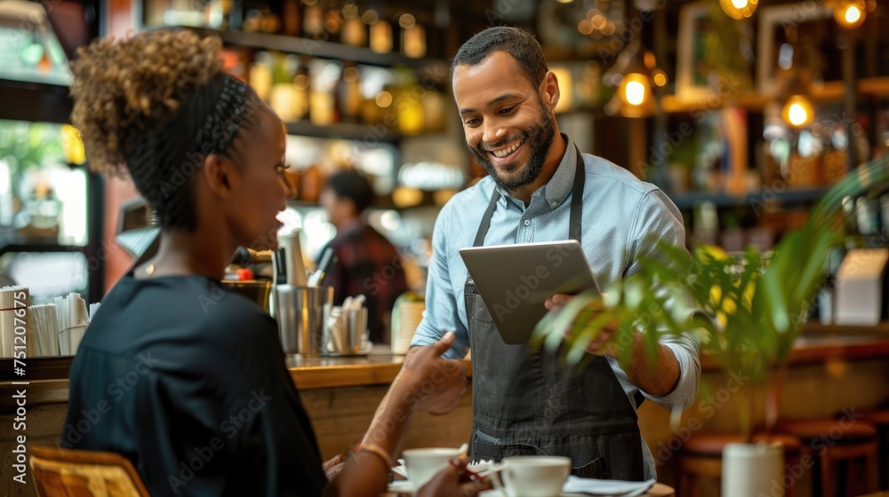 Happy waiter holding tablet with woman while taking her order in cafe.