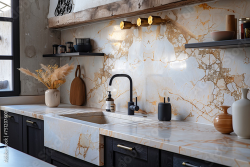 Close-up of a modern kitchen with white marble countertops and interior details photo