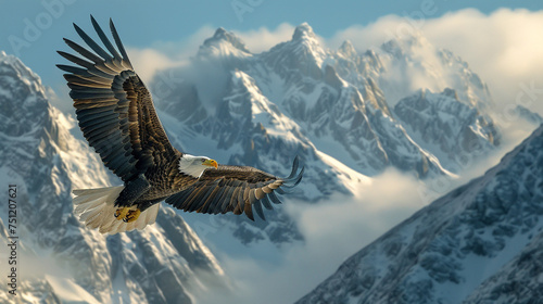 Magnificent eagle soaring high above the rugged mountain peaks. 