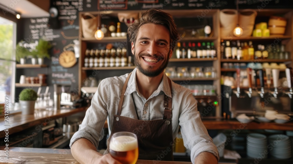 Happy waiter serving beer drinks while working in bar