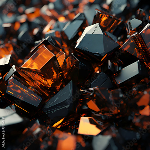 3d rendering of a pile of precious stones in orange and black © Wazir Design