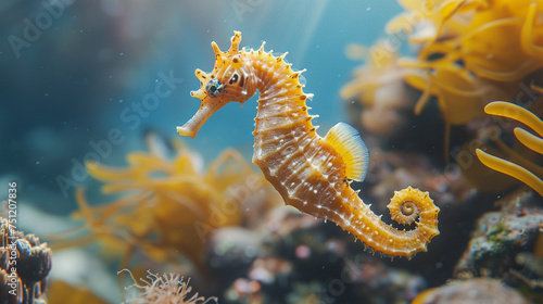 Graceful seahorse gliding through the crystal-clear waters of the coral reef. 