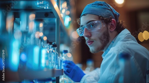 A portrait of a Jewish American scientist in their laboratory, surrounded by equipment and research papers, wearing a lab coat and a kippah, looking thoughtfully at a test tube