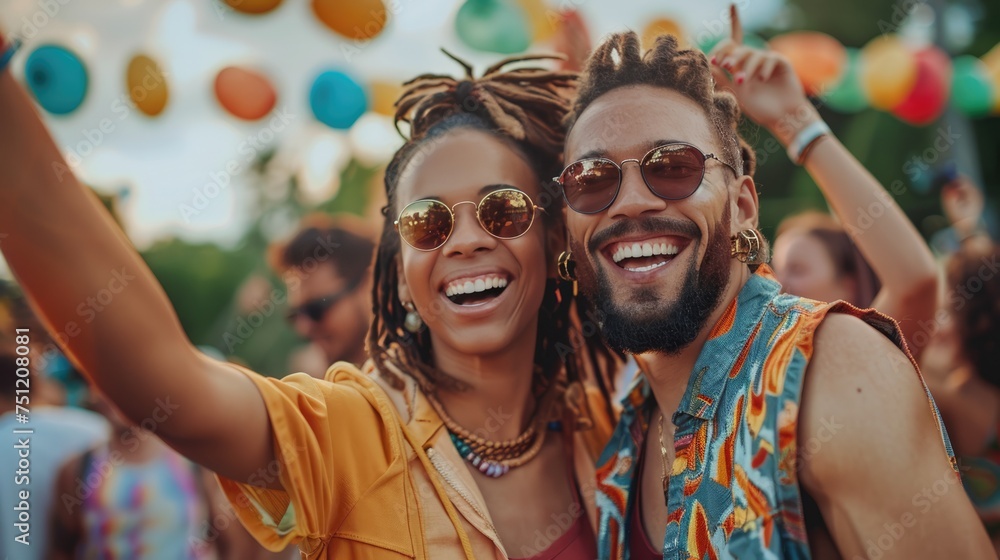 Multiracial hipster couple having fun while dancing on music concert in summer. Multiracial hipster couple having fun while dancing on music concert in summer.