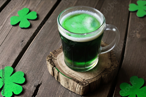Green beer with clover leaves on wooden table on background of a pub. St. Patrick's day.