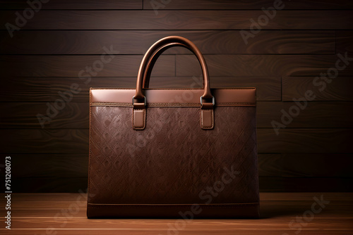Brown leather briefcase on a wooden background. 3d illustration.