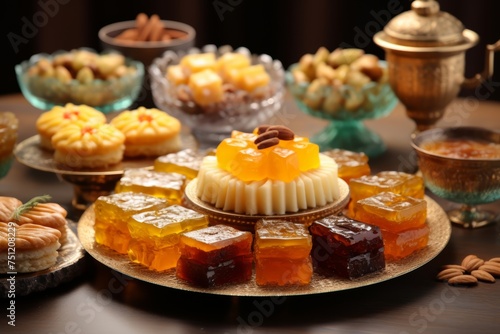 
A close-up photography of traditional Eid sweets arranged elegantly on a decorative tray, showcasing the rich culinary heritage of the holiday photo