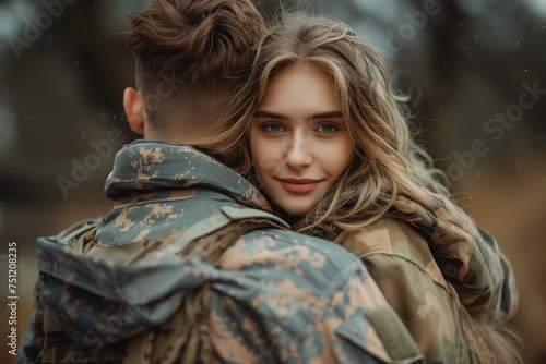 a young happy girl hugs her military boyfriend who returned from the war