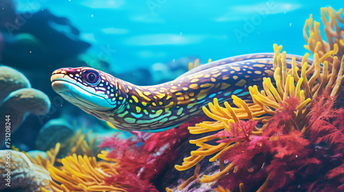 Ribbon moray eel fish reef tropical sea background photo