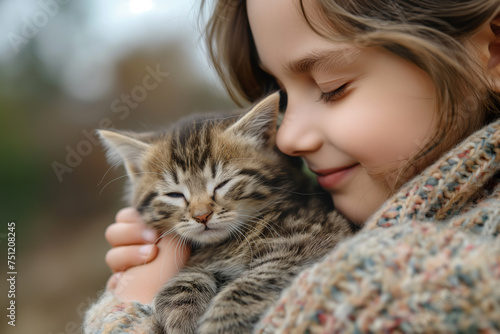 Portrait of a cute little girl with a kitten on the street, close-up
