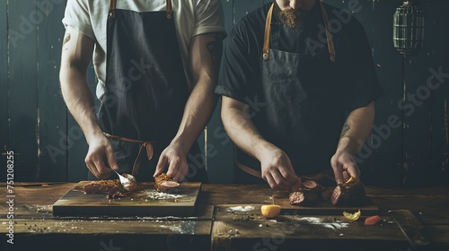 Two chefs preparing food on a dark wooden counter. culinary expertise in action. capture their skill and focus. genuine kitchen scene. AI photo