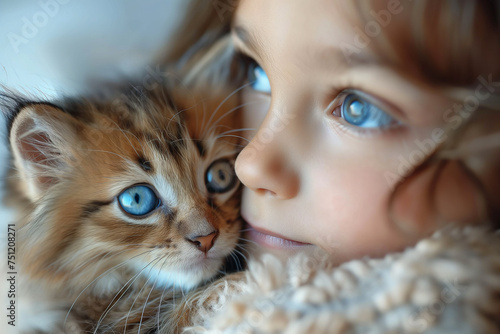 Portrait of a cute little girl with a kitten at home, close-up