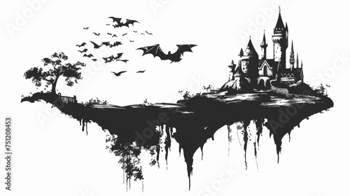 Flying castle graphic black white landscape