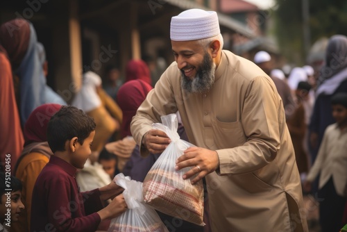Scene of community members coming together to distribute food and gifts to those in need as part of their Eid al-Fitr traditions, embodying the spirit of generosity and compassion. photo