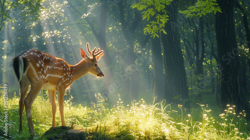 Gentle deer grazing serenely in the sun-dappled forest glade. 