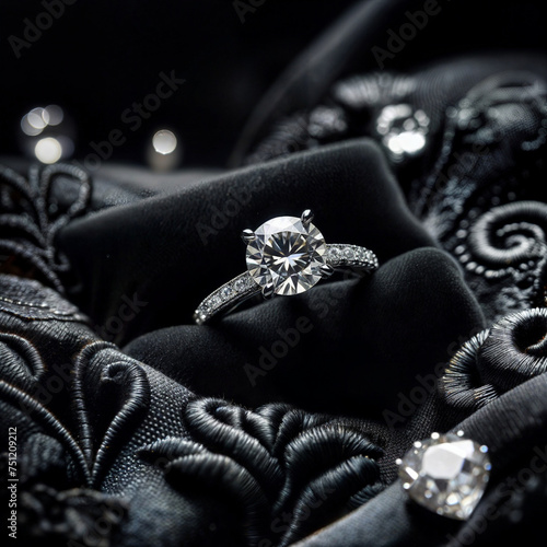 A diamond ring sits on a black velvet background.