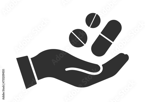 Medicine pills drugs on human hand icon illustration