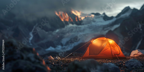 orange tent camping in the mountains, forest night view of a dystopian city with colorful tents