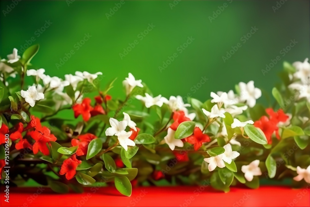 Naklejka premium beautiful, red, spring, border, blooming, jasmine, flowers, nature, garden, vibrant, colorful, blossoms, flora