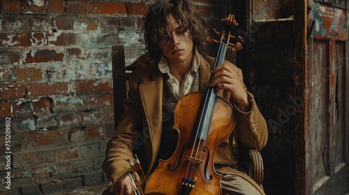 A portrait of a Jewish American musician holding a violin, sitting on a rustic wooden chair against the backdrop of an old brick wall. jewish american heritage month photo