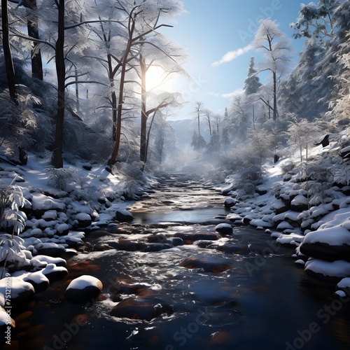 Beautiful winter landscape with a mountain river and snow-covered trees