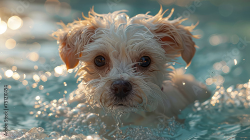 a white puppy swimming in the swimming pool, in the style of light,generative ai