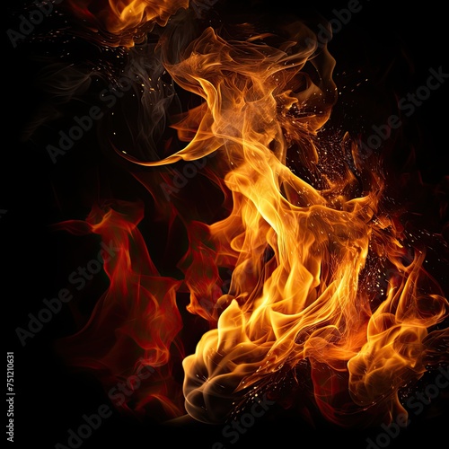 Fiery Flames on Black Background. Intense Flames in Black Background, Heat and Burn in Flames