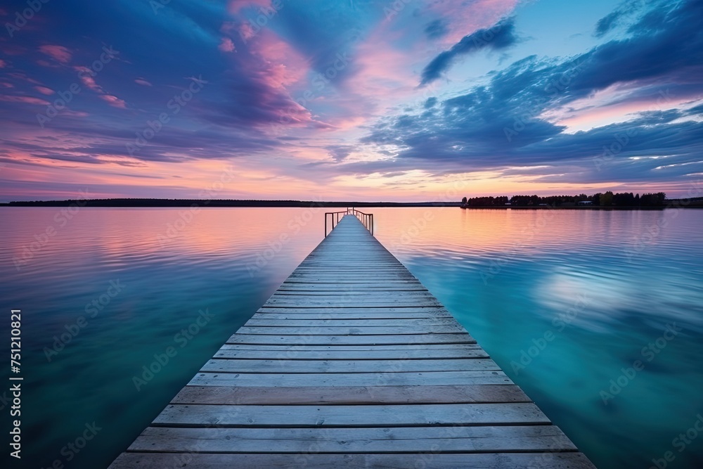 Blue Lake Sunset with Twin Wooden Piers Reflecting in the Calm Water: Relaxing Beachscape