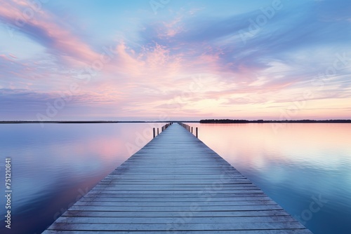 Blue Lake Sunset Pier Reflections with Two Wooden Piers on Water s Edge