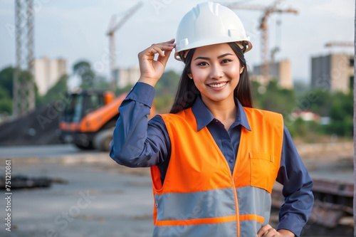 beautiful smilling Young female worker site engineer with a safety vest and hardhat