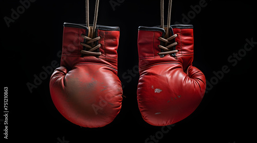 Grit and Glory: Suspended Pair of Worn Red Leather Boxing Gloves, a Testament to Resilience and Determination