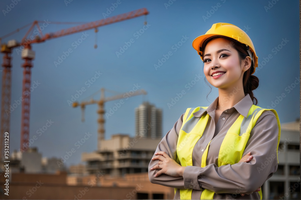 beautiful smilling Young female worker site engineer with a safety vest and hardhat beautiful smilling Young female worker site engineer with a safety vest and hardhat