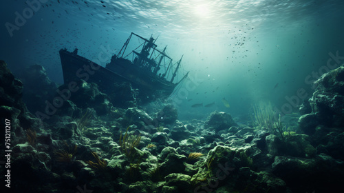 Shipwreck diving on a sunken ship underwater lands