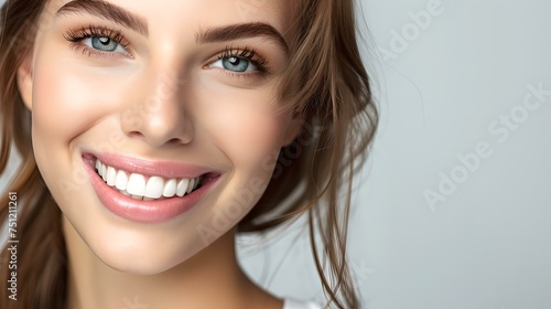 Radiant young woman smiling, beauty and happiness concept, clear skin, close-up portrait on neutral background. AI