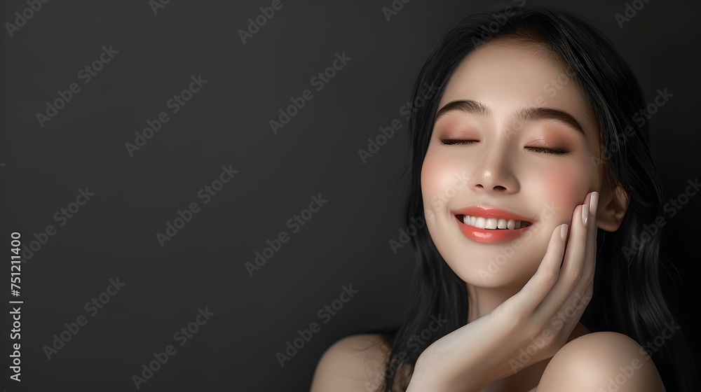 Portrait of a smiling woman with flawless skin on a dark background. a moment of joy and serenity captured. perfect for skincare and beauty concepts. AI Portrait of a smiling woman with flawless skin on a dark background. a moment of joy and serenity captured. perfect for skincare and beauty concepts. AI