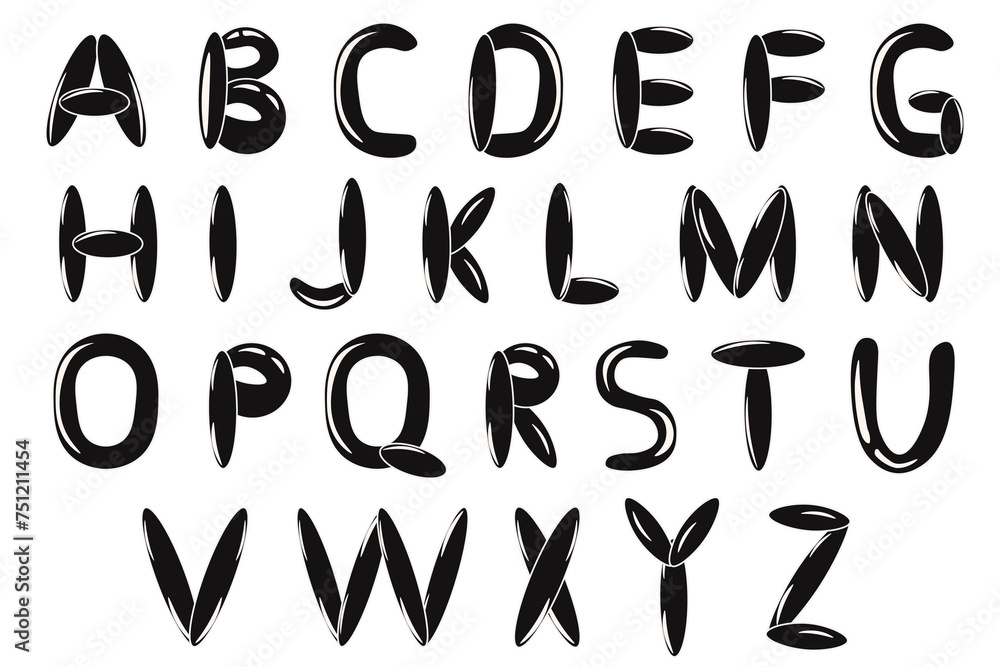Black and whute 3d Bubble Alphabet set isolated white background. Word in air Balloon style. Font template. Vector illustration can used web social media design. EPS 10 Editable stroke Black and whute 3d Bubble Alphabet set isolated white background. Word in air Balloon style. Font template. Vector illustration can used web social media design. EPS 10 Editable stroke
