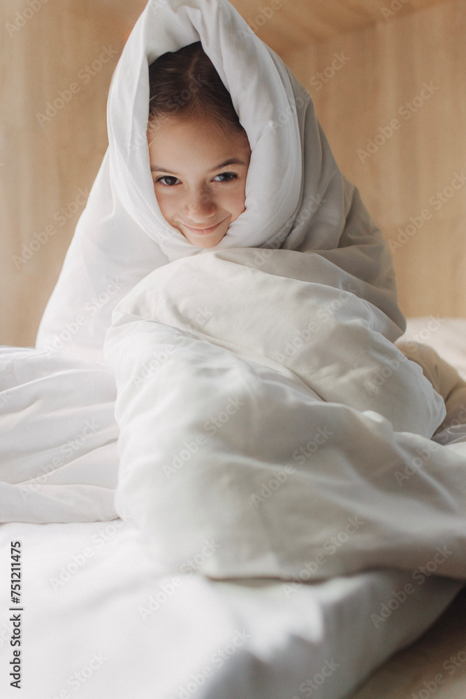 Little girl sleeping at home. Close up horizontal photo copy space for text top above view. Pre-teen relaxing in bed bedroom enjoy. Health and beauty concept Little girl sleeping at home. Close up horizontal photo copy space for text top above view. Pre-teen relaxing in bed bedroom enjoy. Health and beauty concept