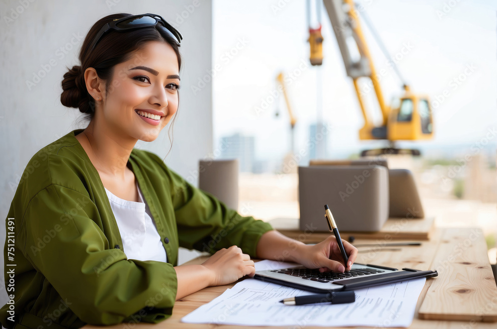beautiful smilling Young female worker site engineer with a safety vest and hardhat beautiful smilling Young female worker site engineer with a safety vest and hardhat