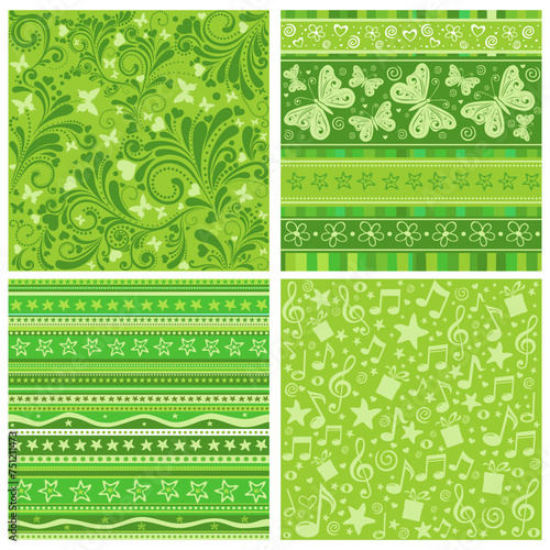 Set of seamless green patterns. Celebration background. Wallpaper of musical notes, gift box, stars, hearts, flower.  Simple flat modern drawing.  Simple childish doodle wallpaper print set. Vector 