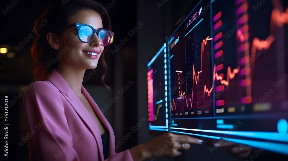 Smiling professional analyzing data on screens in dim office. technology, analytics in action. modern businesswoman at work. stylish clothing, confident pose. AI Smiling professional analyzing data on screens in dim office. technology, analytics in action. modern businesswoman at work. stylish clothing, confident pose. AI