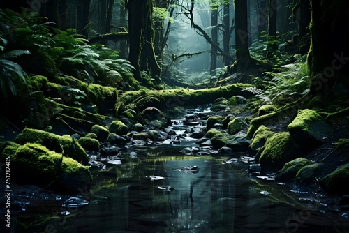 Beautiful dark forest with a stream and mossy stones in the foreground