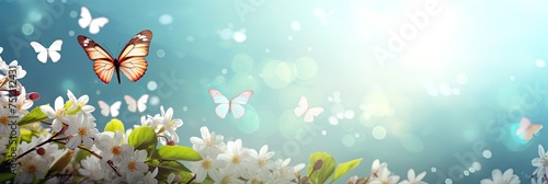 Fresh Spring Abstract Nature Background with Flowers, Butterfly and Sky - Perfect for April, May, and Easter photo