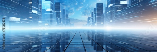 Futuristic Business Background with High-Tech Innovation and Modern Building. Blue Perspective Wall, Nobody in Sight