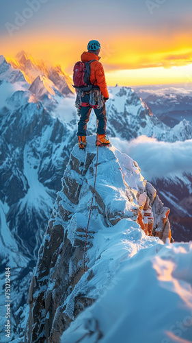 40s male mountain climber ascends, evoking nostalgia with soft, natural light, shadows, and film-like graininess.generative ai