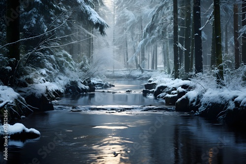 Beautiful winter landscape with snow covered trees and river in the forest