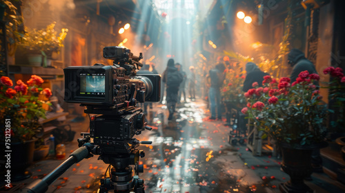 Filming studio, Professional cameras, Lighting equipment, Film crew, Cinematic atmosphere,generative ai