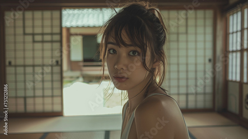Japanese female model wearing top posing in traditional Japanese house, with tatami (woven floor) and shoji (sliding paper door) background, Ai Generated Images