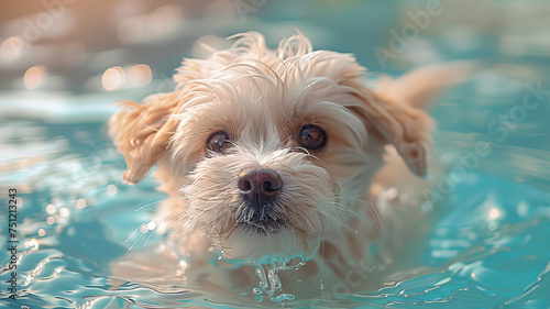 a white puppy swimming in the swimming pool, in the style of light,generative ai