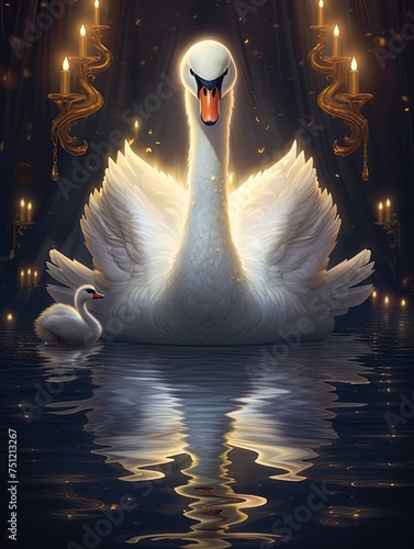 A majestic swan spreads its wings on serene waters glowing with the reflection of golden candlelight, accompanied by a cygnet in a magical setting.