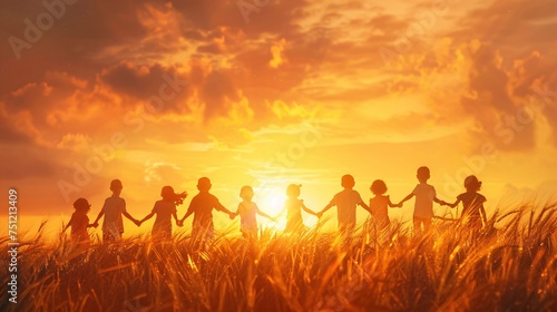 Sunset Silhouettes A Group of People Holding Hands in a Field of Golden Wheat Generative AI